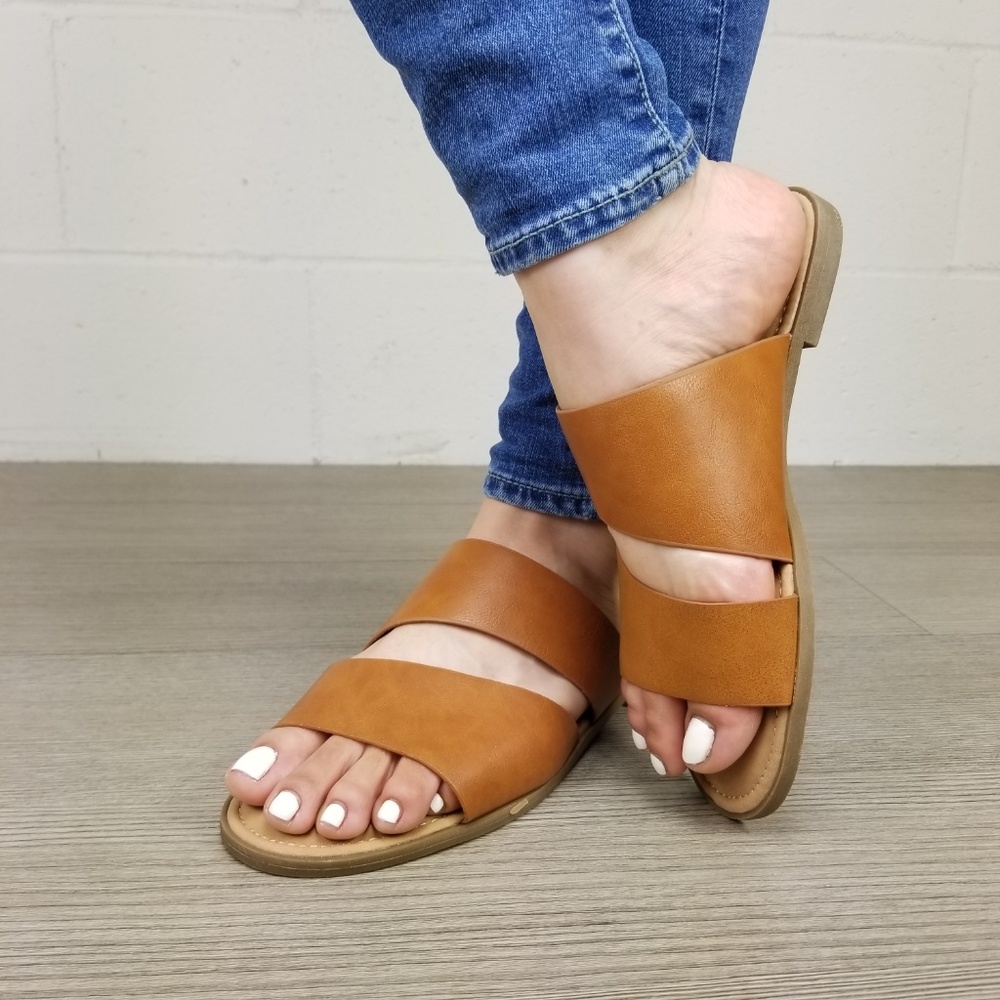 Tan Vegan Leather Flat Comfort Sandal -H - Picture 7 of 7